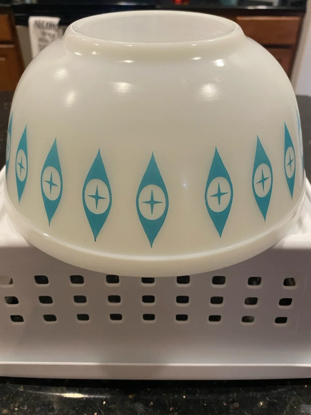 Pyrex White Mixing Bowl with Teal Mid-Century Atomic Eyes Pattern